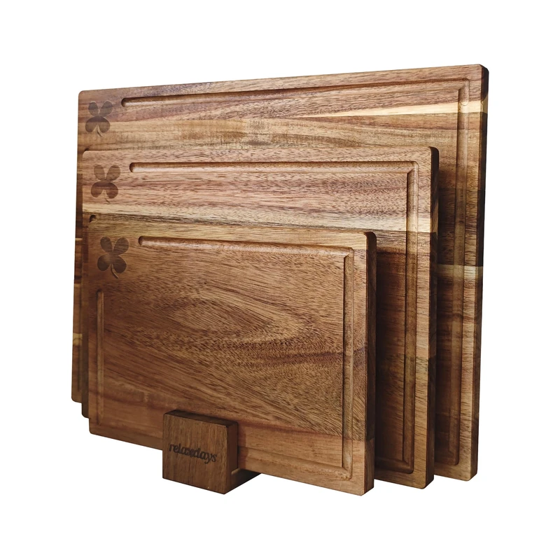 Relaxdays Cutting Boards with Juice Groove, 3 Sizes, Stand, Hygienic Acacia Wood, Non-Slip, Brown, 40 x 30 x 1.5 cm