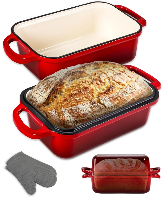 NutriChef Dutch Oven for Bread Making 23 x 13cm Enamelled Cast Iron Bread Pan with Lid, Dual-Purpose Lid Cast Iron Pot with Silicone Oven Gloves, Oven Safe,Red