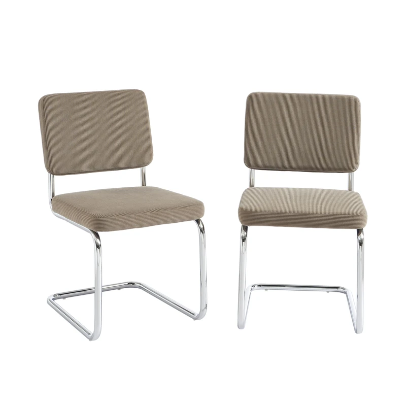 BAÏTA Set of 2 JACK chairs, light taupe ribbed velvet with chrome-plated metal legs