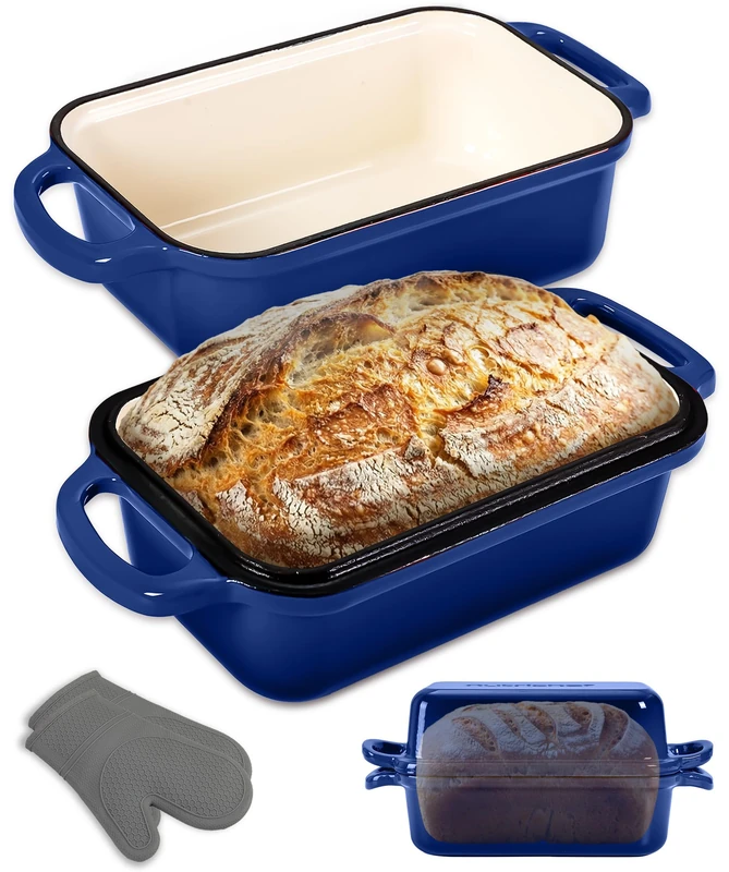 NutriChef Dutch Oven for Bread Making 23 x 13cm Enamelled Cast Iron Bread Pan with Lid, Dual-Purpose Lid Cast Iron Pot with Silicone Oven Gloves, Oven Safe Blue