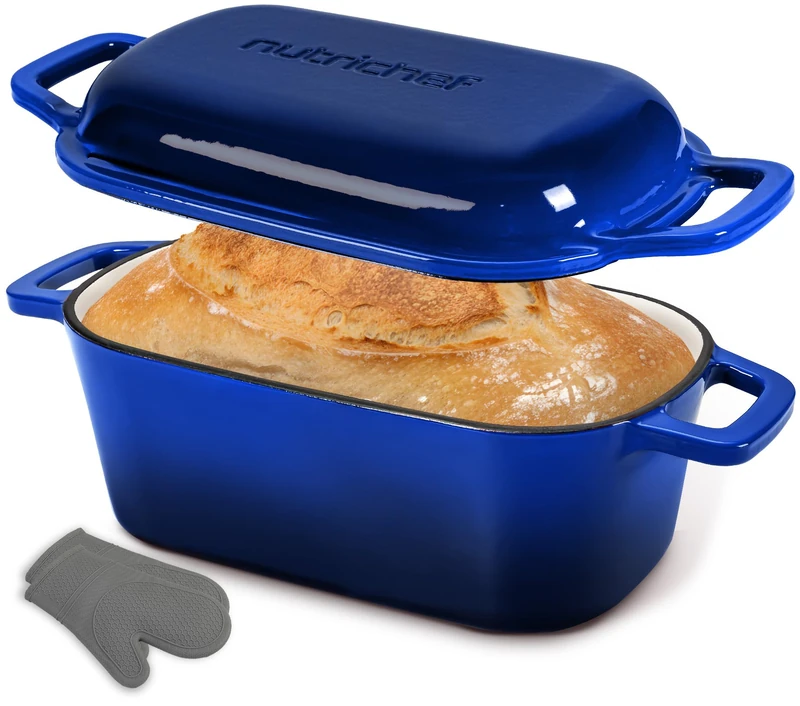 NutriChef Dutch Oven for Bread Making - 25 cm Enamelled Cast Iron Oval Pot for Sourdough Baking with Lid, Even Heat Artisan Loaf, Oven Safe, Blue