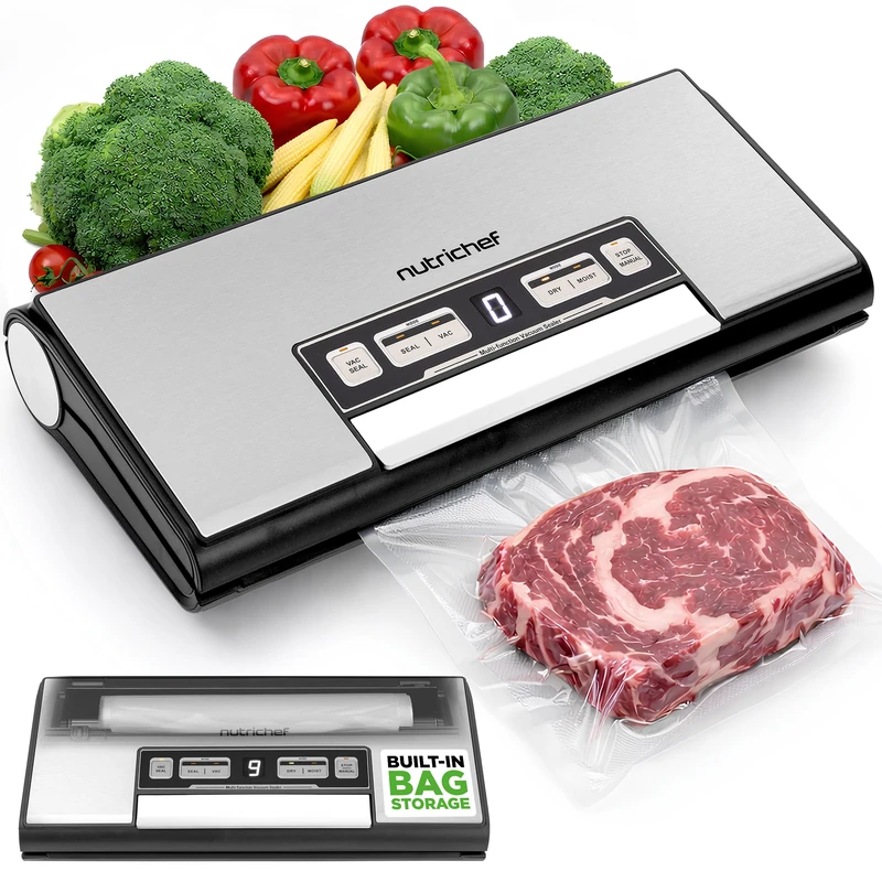 NutriChef Vacuum Sealer Machine 80 kPa, Food Vacuum Sealer for Meal Prep & Sous Vide, Built-In Cutter, Bag Roll Storage, Dry & Moist Modes, Includes 1 Roll & 5 Bags
