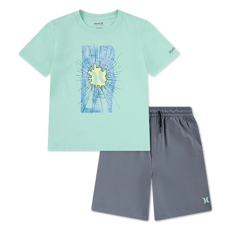 Hurley Boys Graphic T-Shirt and Shorts 2-Piece Outfit Set Boys Grey