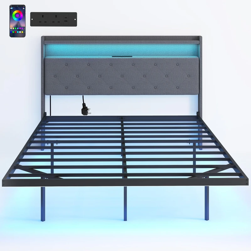 HOMCOM 4ft6 Double Bed Frame, Floating Bed Frame with Music Sync RGB LED Lights and Charging Station, Upholstered Headboard with Storage Shelves, No Box Spring Needed, Noise Free, Grey