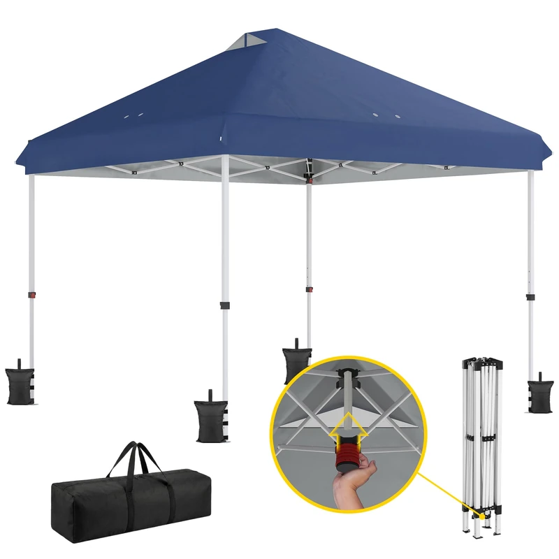 Outsunny 3 x 3 m Pop Up Gazebo with Wheels, UPF50+ One-Touch Outdoor Garden Party Tent Marquee Wedding Awning Canopy Instant Event Shelter with 4 Sandbags, Adjustable Height, Carry Bag, Dark Blue - Image 1