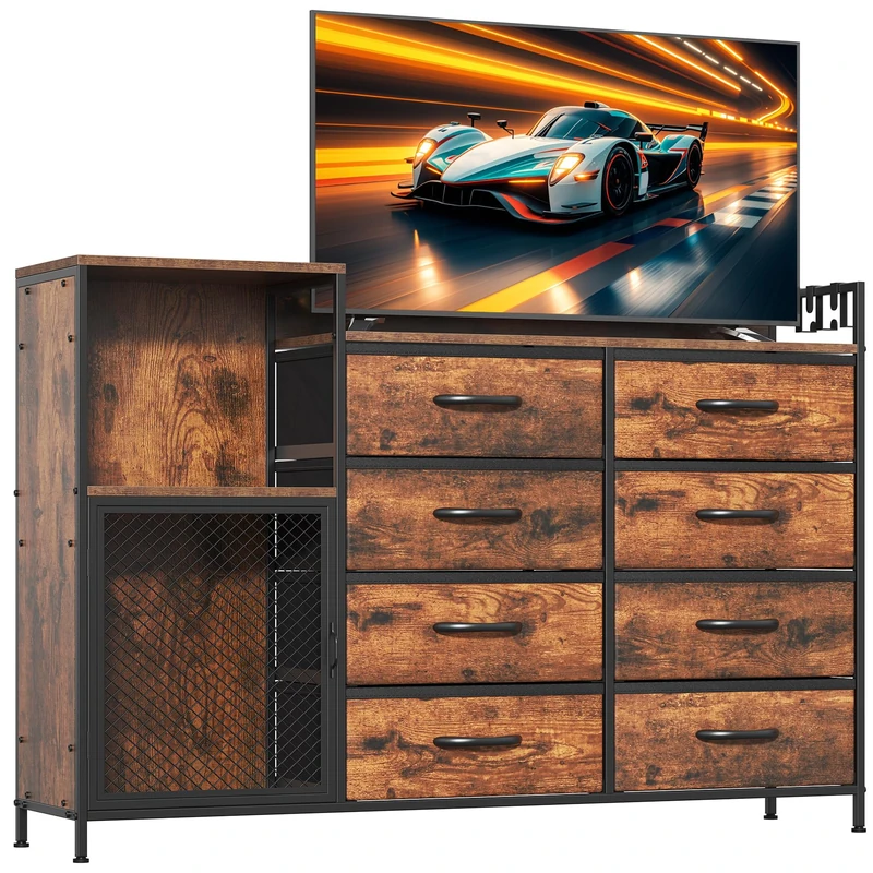 Feonase Industrial Chest of Drawers with 8 Fabric Drawers, Shelf and Side Cabinet, Metal Frame Storage Organizer for Bedroom, Living Room, Hallway, Rustic Brown