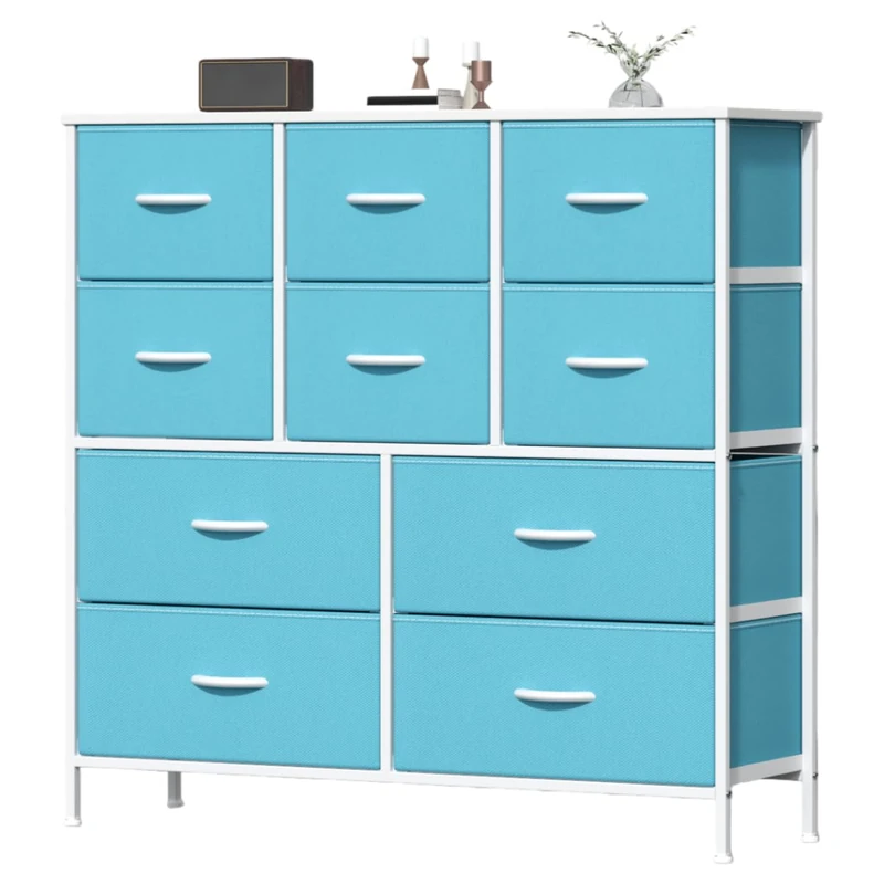 Feonase Chest of Drawers, Bedroom Tall Dresser with 10 Fabric Drawers, Metal Frame & MDF Wood Top, Adjustable Feet, Storage Organizer Unit for Bedroom, Closet, Living Room, Hallway Rustic Blue