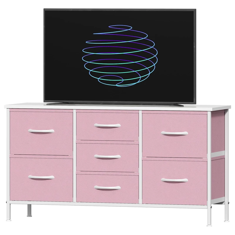 Feonase Bedroom Chest of Drawers, Small Dresser with 7 Fabric Drawers, Metal Frame & MDF Wood Top, Adjustable Feet, Storage Organizer Unit for Bedroom, Closet, Living Room, Hallway, Pink