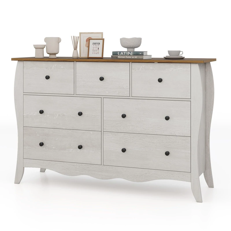 CASART 7-Drawer Chest of Drawers, Wooden Storage Cabinet with Fabric Drawers & Anti-tipping Devices, Freestanding Dresser Closet Organizer for Bedroom Entryway Living Room