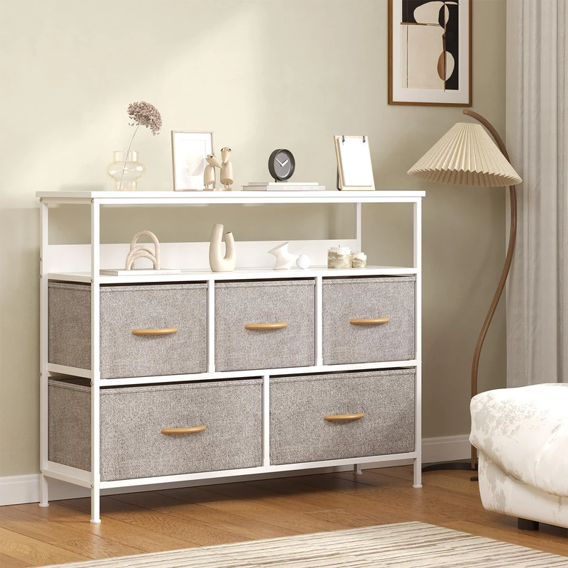 Feonase Chest of Drawers, 5 Drawers Dresser with TV Stand, Metal Frame and MDF Top Board, Adjustable Feet, Storage Unit Ideal for Bedroom, Living Room, Closet, Hallway, Light Grey