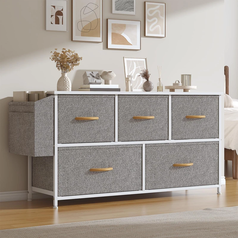 Feonase Fabric 5 Drawer Storage Cabinet with Side Pocket – Wide Dresser Chest for Bedroom, Hallway, Nursery & Closet, Metal Frame & Wood Top, Lightweight Storage Unit Light Grey