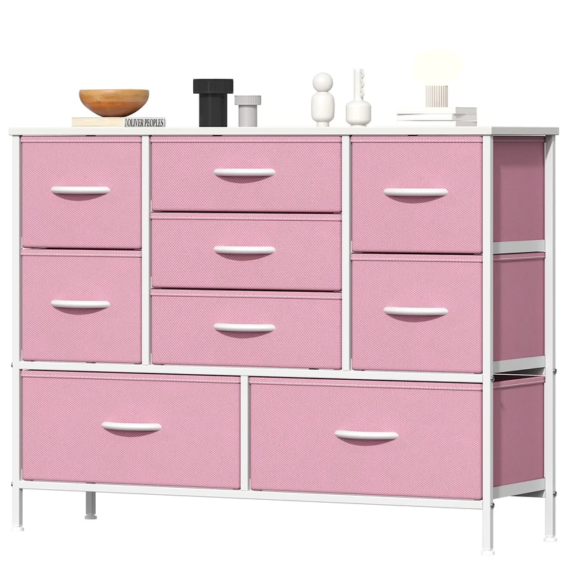 Feonase Chest of Drawers, Bedroom Dresser with 9 Fabric Drawers, Metal Frame & MDF Wood Top, Adjustable Feet, Storage Organizer Unit for Bedroom, Closet, Living Room, Hallway, Pink