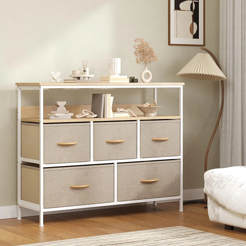 Feonase Chest of Drawers, 5 Drawers Dresser with TV Stand, Metal Frame and MDF Top Board, Adjustable Feet, Storage Unit Ideal for Bedroom, Living Room, Closet, Hallway, Khaki