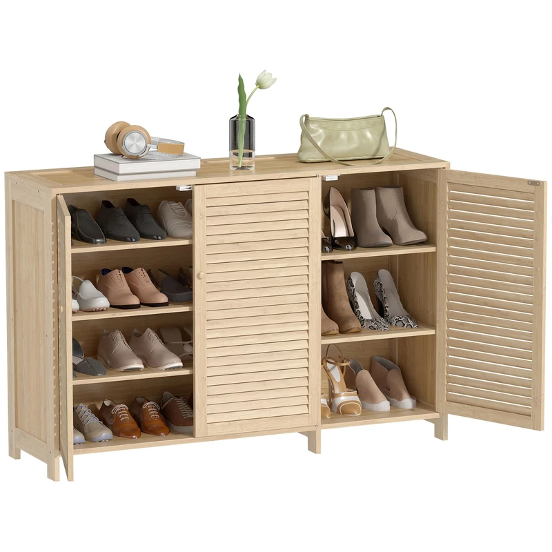 HOMCOM Bamboo Shoe Cabinet, 18 Pairs, 120 x 35 x 80 cm, Natural Wood