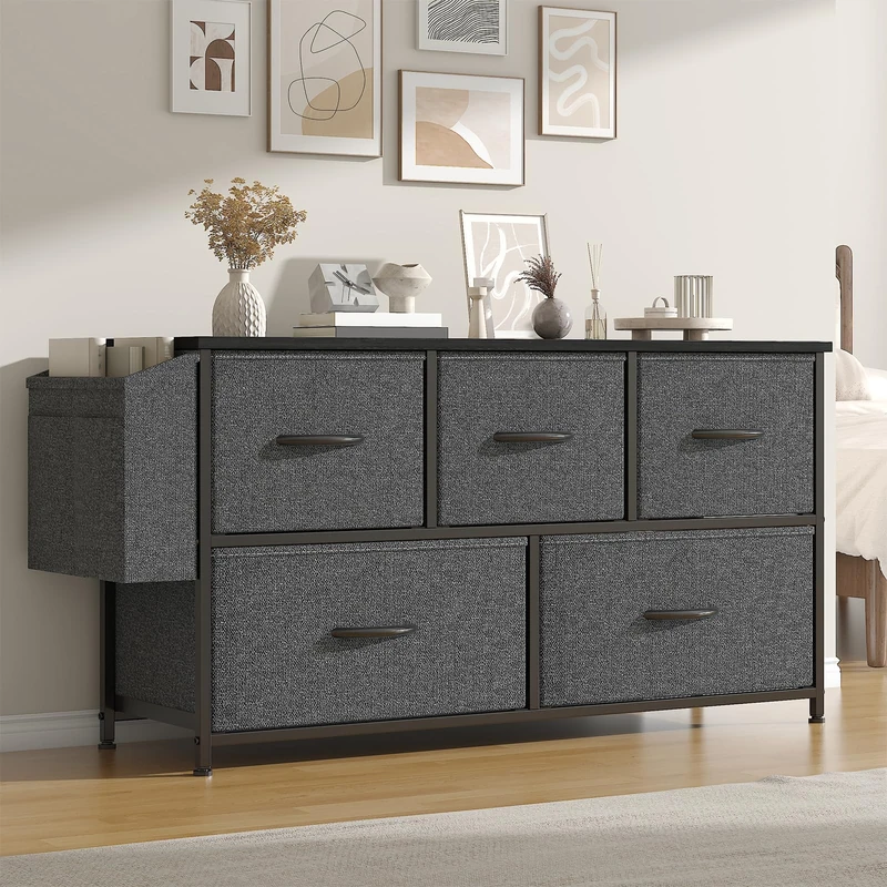 Feonase Fabric 5 Drawer Storage Cabinet with Side Pocket – Wide Dresser Chest for Bedroom, Hallway, Nursery & Closet, Metal Frame & Wood Top, Lightweight Storage Unit Deep Grey