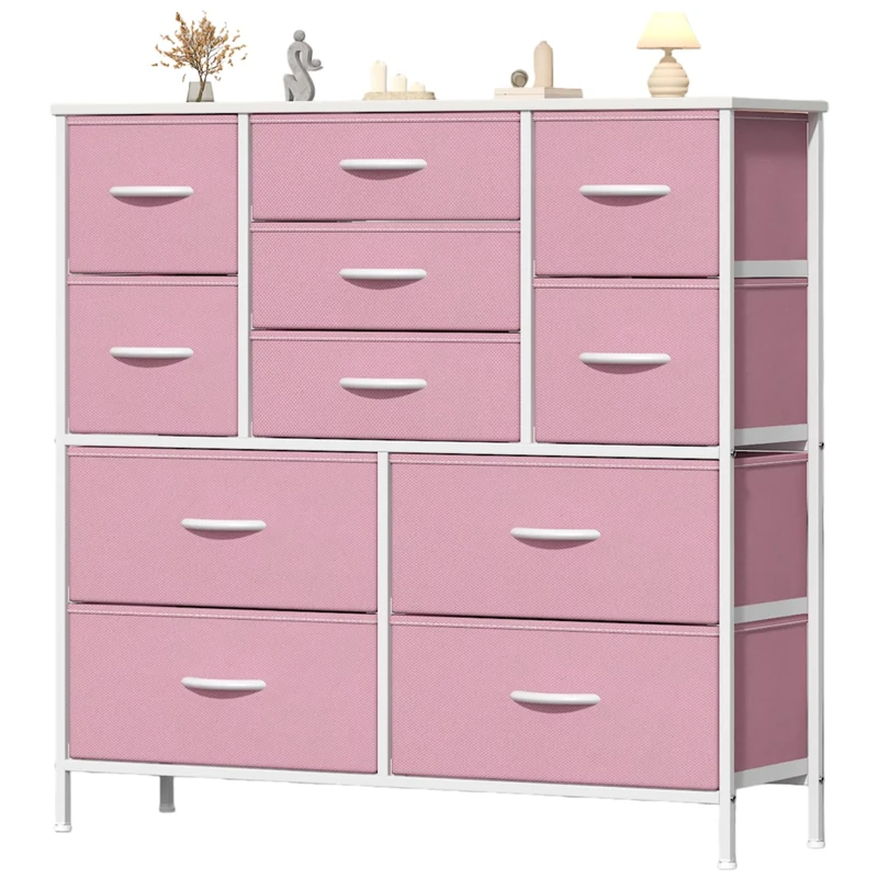 Feonase Chest of Drawers, Bedroom Tall Dresser with 11 Fabric Drawers, Metal Frame & MDF Wood Top, Adjustable Feet, Storage Organizer Unit for Bedroom, Closet, Living Room, Hallway Pink