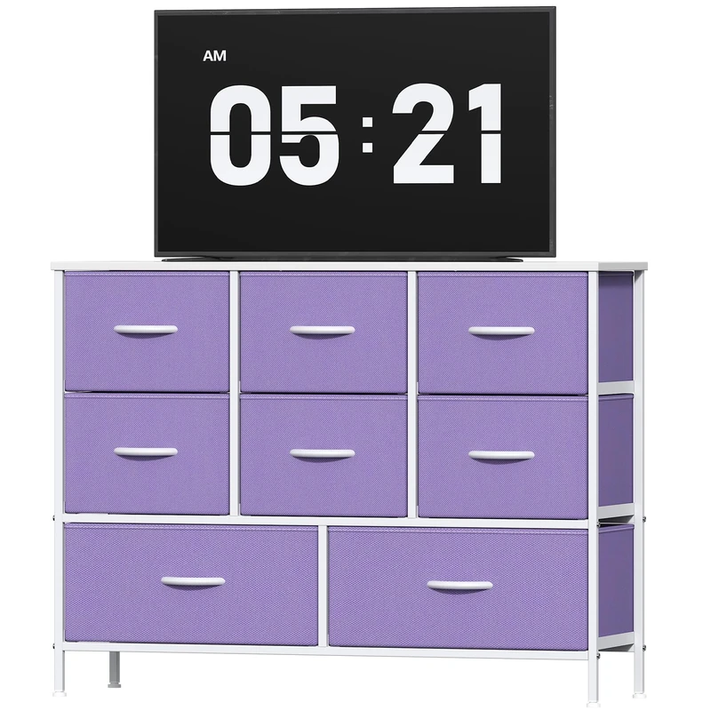 Feonase Chest of Drawers, Bedroom Dresser with 8 Fabric Drawers, Metal Frame & MDF Wood Top, Adjustable Feet, Storage Organizer Unit for Bedroom, Closet, Living Room, Hallway, Purple