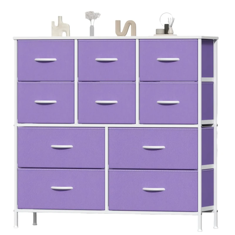 Feonase Chest of Drawers, Bedroom Tall Dresser with 10 Fabric Drawers, Metal Frame & MDF Wood Top, Adjustable Feet, Storage Organizer Unit for Bedroom, Closet, Living Room, Hallway Purple