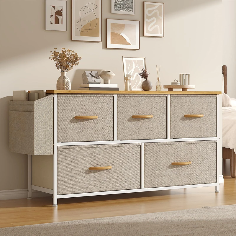 Feonase Fabric 5 Drawer Storage Cabinet with Side Pocket – Wide Dresser Chest for Bedroom, Hallway, Nursery & Closet, Metal Frame & Wood Top, Lightweight Storage Unit Khaki