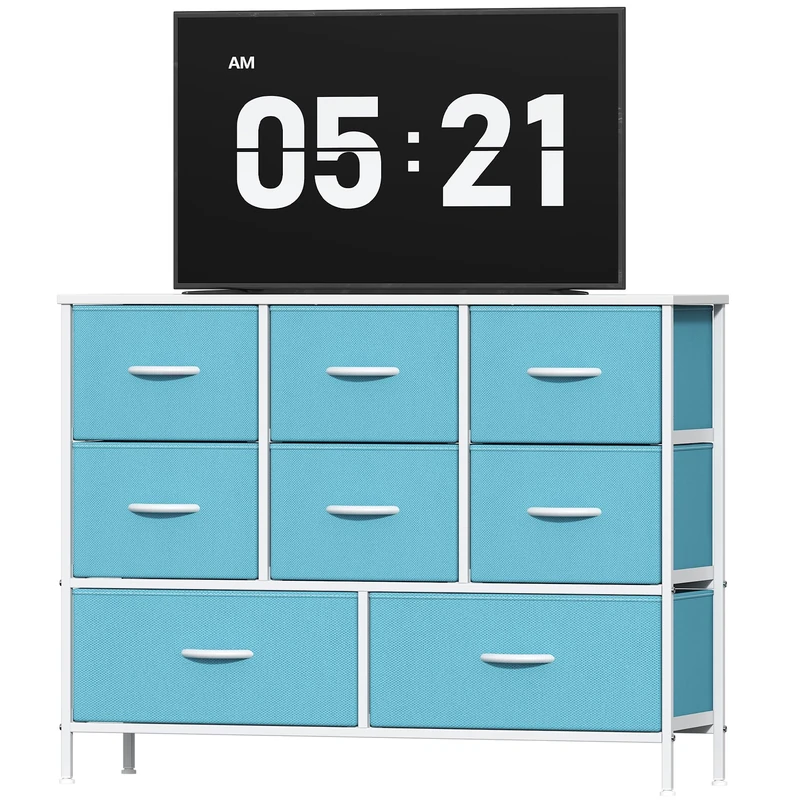 Feonase Chest of Drawers, Bedroom Dresser with 8 Fabric Drawers, Metal Frame & MDF Wood Top, Adjustable Feet, Storage Organizer Unit for Bedroom, Closet, Living Room, Hallway, Blue