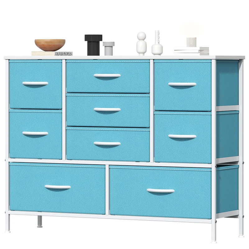 Feonase Chest of Drawers, Bedroom Dresser with 9 Fabric Drawers, Metal Frame & MDF Wood Top, Adjustable Feet, Storage Organizer Unit for Bedroom, Closet, Living Room, Hallway, Blue