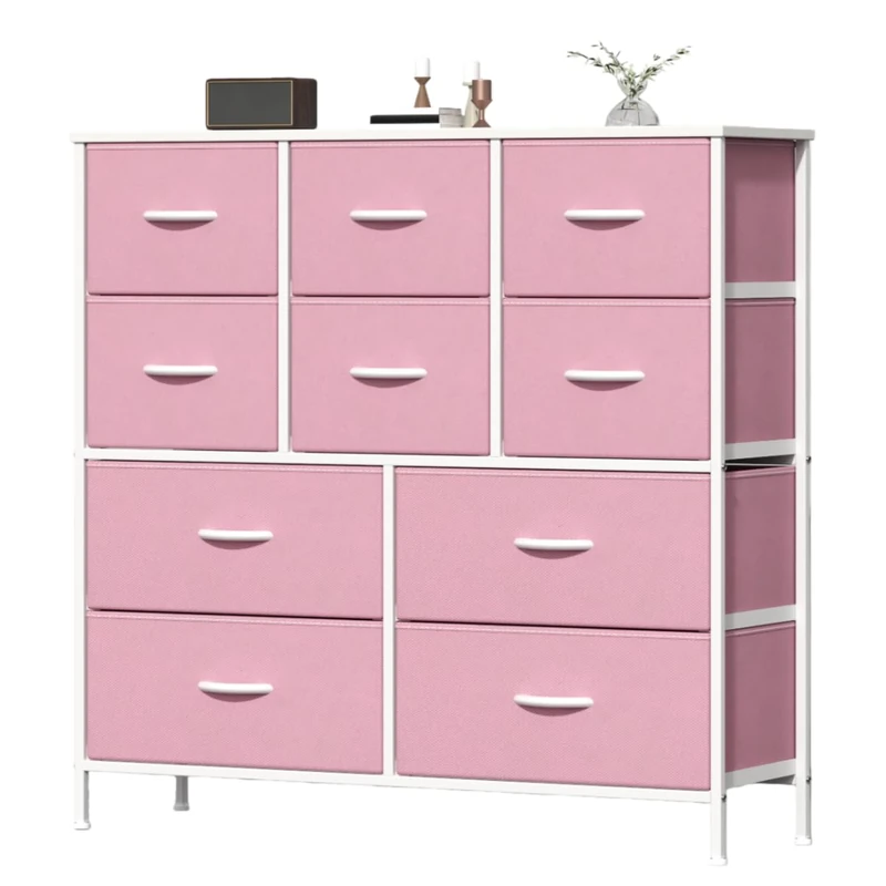Feonase Chest of Drawers, Bedroom Tall Dresser with 10 Fabric Drawers, Metal Frame & MDF Wood Top, Adjustable Feet, Storage Organizer Unit for Bedroom, Closet, Living Room, Hallway Pink