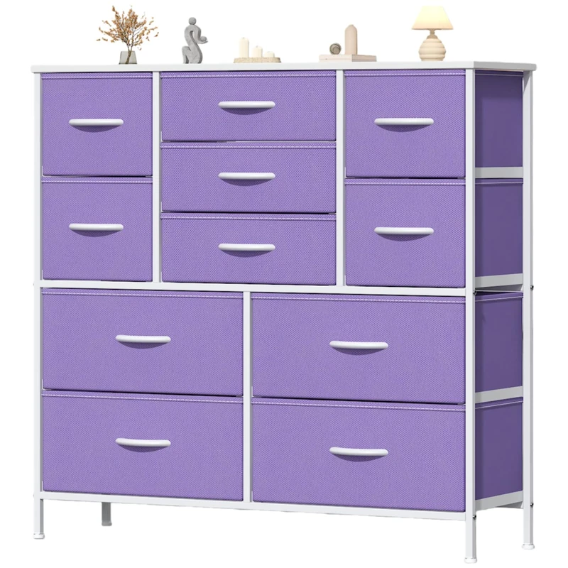 Feonase Chest of Drawers, Bedroom Tall Dresser with 11 Fabric Drawers, Metal Frame & MDF Wood Top, Adjustable Feet, Storage Organizer Unit for Bedroom, Closet, Living Room, Hallway Purple