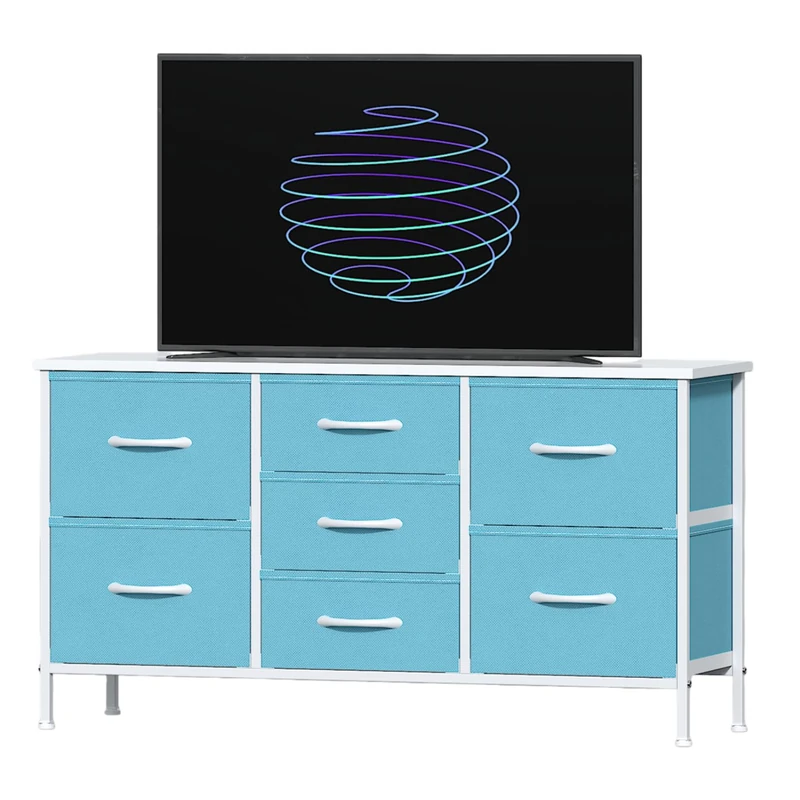 Feonase Bedroom Chest of Drawers, Small Dresser with 7 Fabric Drawers, Metal Frame & MDF Wood Top, Adjustable Feet, Storage Organizer Unit for Bedroom, Closet, Living Room, Hallway, Blue