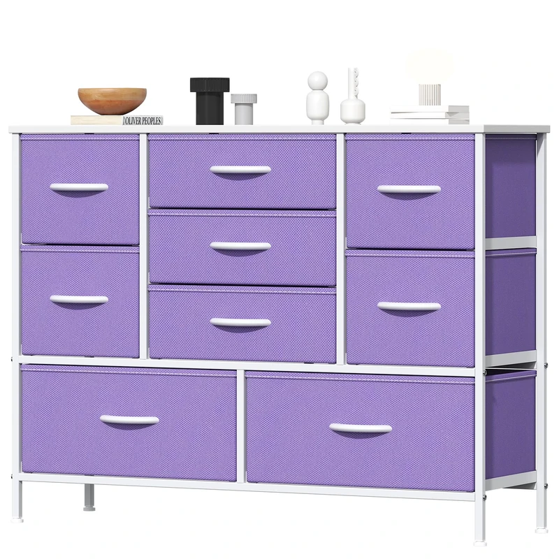 Feonase Chest of Drawers, Bedroom Dresser with 9 Fabric Drawers, Metal Frame & MDF Wood Top, Adjustable Feet, Storage Organizer Unit for Bedroom, Closet, Living Room, Hallway, Purple
