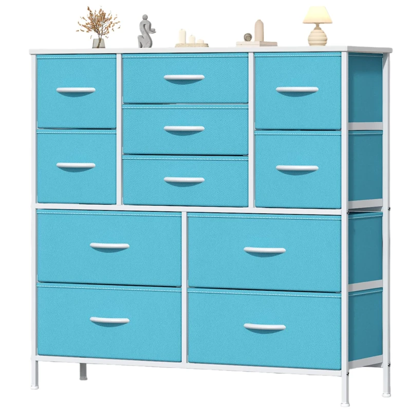 Feonase Chest of Drawers, Bedroom Tall Dresser with 11 Fabric Drawers, Metal Frame & MDF Wood Top, Adjustable Feet, Storage Organizer Unit for Bedroom, Closet, Living Room, Hallway Blue