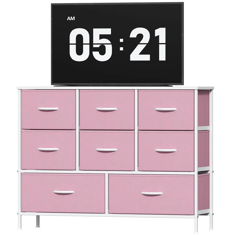 Feonase Chest of Drawers, Bedroom Dresser with 8 Fabric Drawers, Metal Frame & MDF Wood Top, Adjustable Feet, Storage Organizer Unit for Bedroom, Closet, Living Room, Hallway, Pink