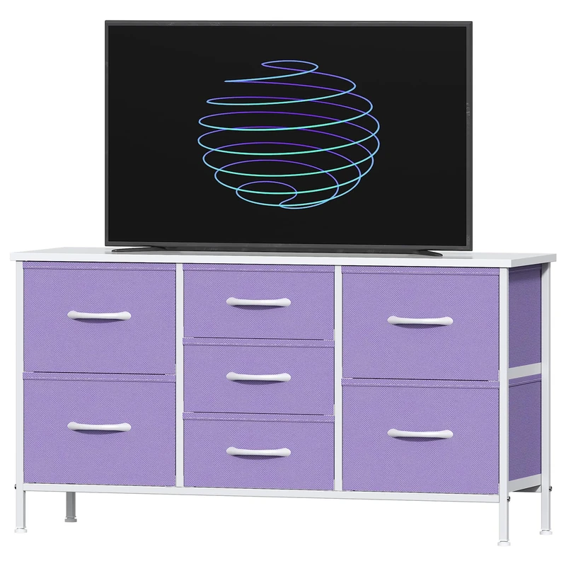 Feonase Bedroom Chest of Drawers, Small Dresser with 7 Fabric Drawers, Metal Frame & MDF Wood Top, Adjustable Feet, Storage Organizer Unit for Bedroom, Closet, Living Room, Hallway, Purple