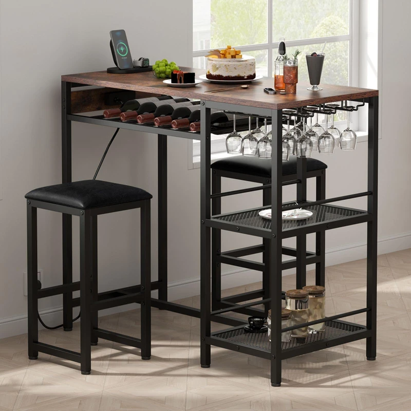 Feonase 3 Piece Dining Table Set, Breakfast Bar Table with 2 Stools, Breakfast Dining Furniture Sets with Power Outlet & Storage Shelves for Kitchen, Living Room, Dining Room, Rustic Brown