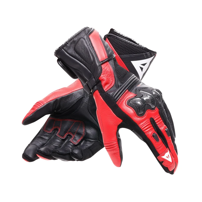 Dainese Reacto Carbon Long Gloves, Long Leather Motorcycle Gloves with Carbon Knuckle Protection and Finger Reinforcements Smart Touch, for Man, Black/Red-Lava, XL