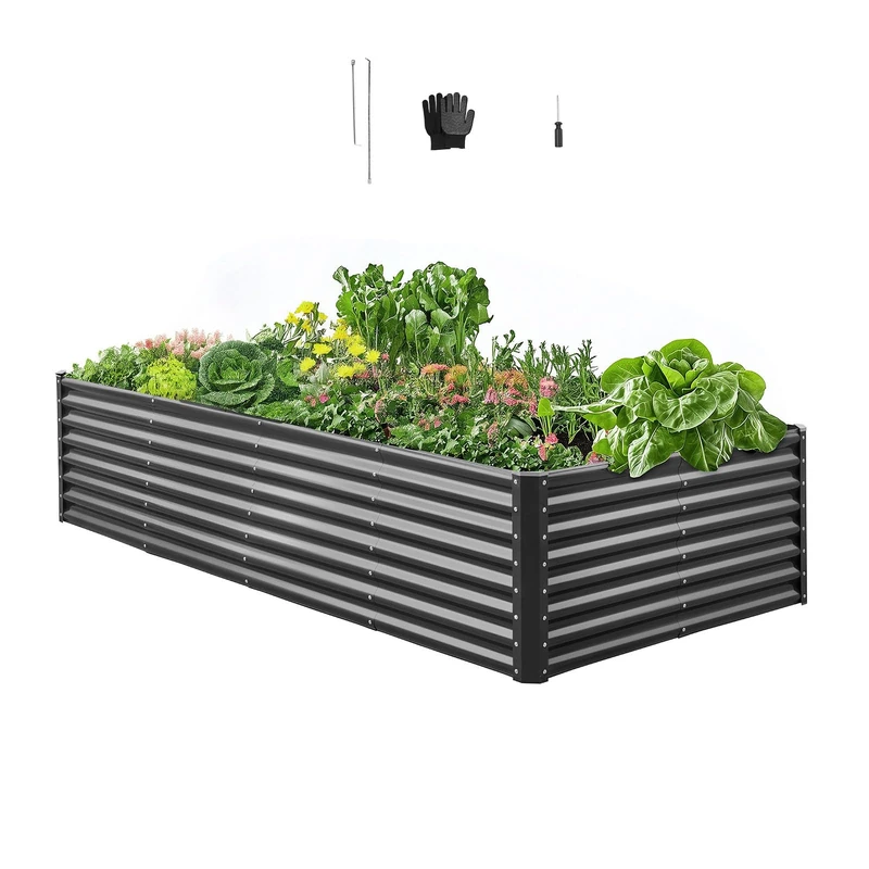 VEVOR Metal Raised Bed Galvanised Garden Planter Outdoor 2400 x 1200 x 600 mm Open Bottom Design for Growing Vegetables, Herbs and Succulents, Dark Grey