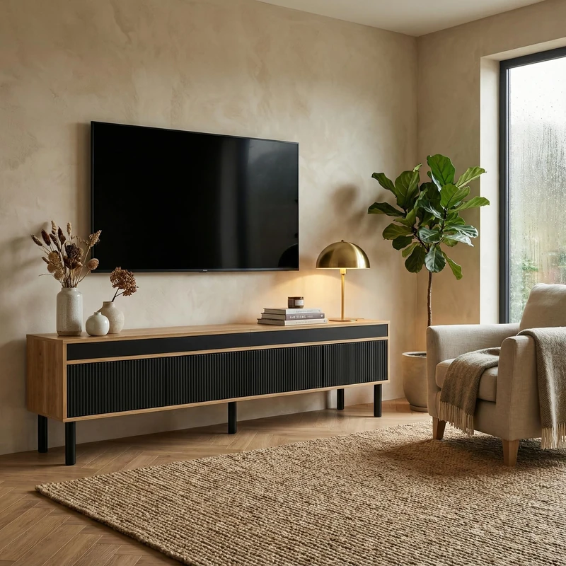 39F Furniture Dream Modern TV Cabinet, 4-Door Lowboard with Striped Doors, Black & Natural Wood, Push-to-Open, Wooden Legs, Cable Management, 170cm, Living Room Storage Unit