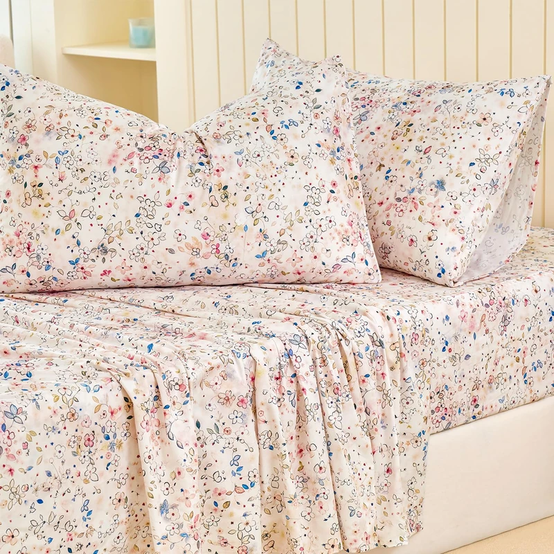 Zusbest Floral Sheets California King Size 100% Cotton Beige Bed Sheet Set, Soft Breathable for Hot Sleepers, Vintage Cute Blush Pink Small Flower Pattern Bed Set Deep Pocket 17.5‘’, 4Pcs, Cal King