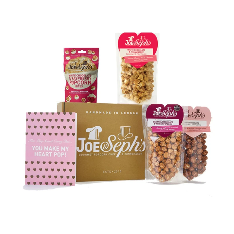 Joe and Seph's Valentines Night In Gift Box, gourmet treats for couples, Caramel Macchiato & Whisky popcorn, Rose Chocolate popcorn, white chocolate & strawberry bites, Valentine’s movie night - Image 1