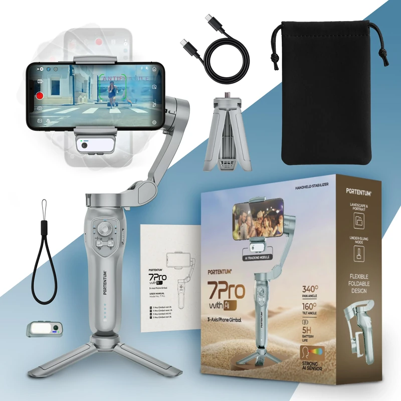 PORTENTUM 7 Pro Gimbal Stabilizer for Smartphones with independent AI tracking module – Phone gimbal 3-axis stabilization foldable with tripod – Optional app – iPhone and Android – Vlog YouTube TikTok
