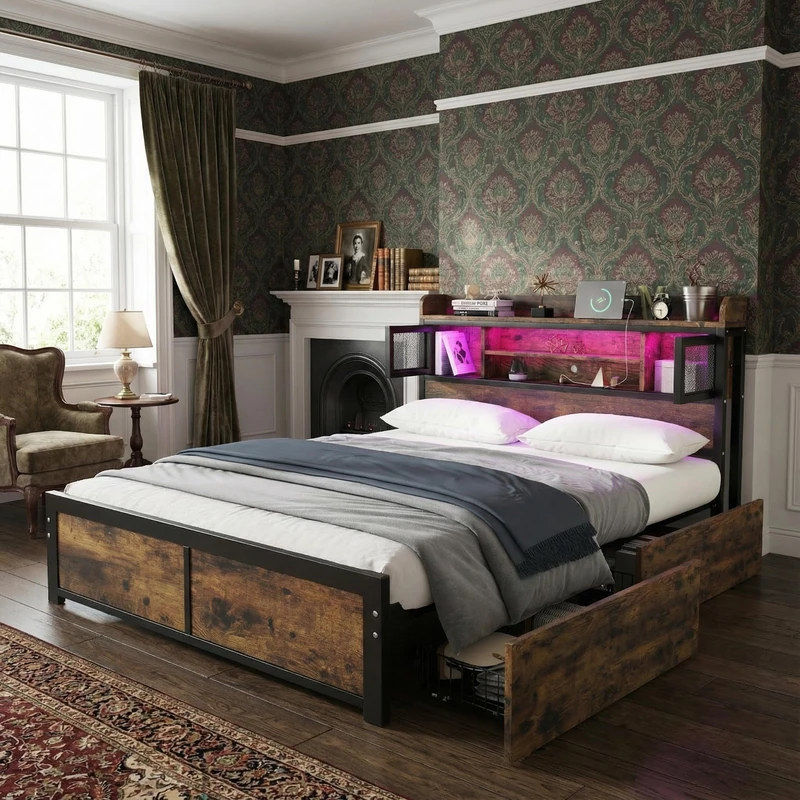 39F Furniture Dream Metal Double Bed Frame with LED Light Strip, 2 Drawers, 3 USB Charging Ports, Headboard Storage, Black & Wood, 4ft6 (135x190cm), Modern Storage Bed for Adults & Teenagers - Image 1