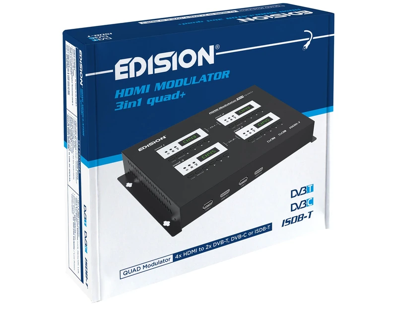 EDISION HDMI Modulator 3in1 quad+, 4x HDMI Modulator to 2x Terrestrial DVB-T, ISDB-T or Cable DVB-C, 3 Selectable Modulation Output Signals, Full HD Distribution via Coaxial, Plug and Play