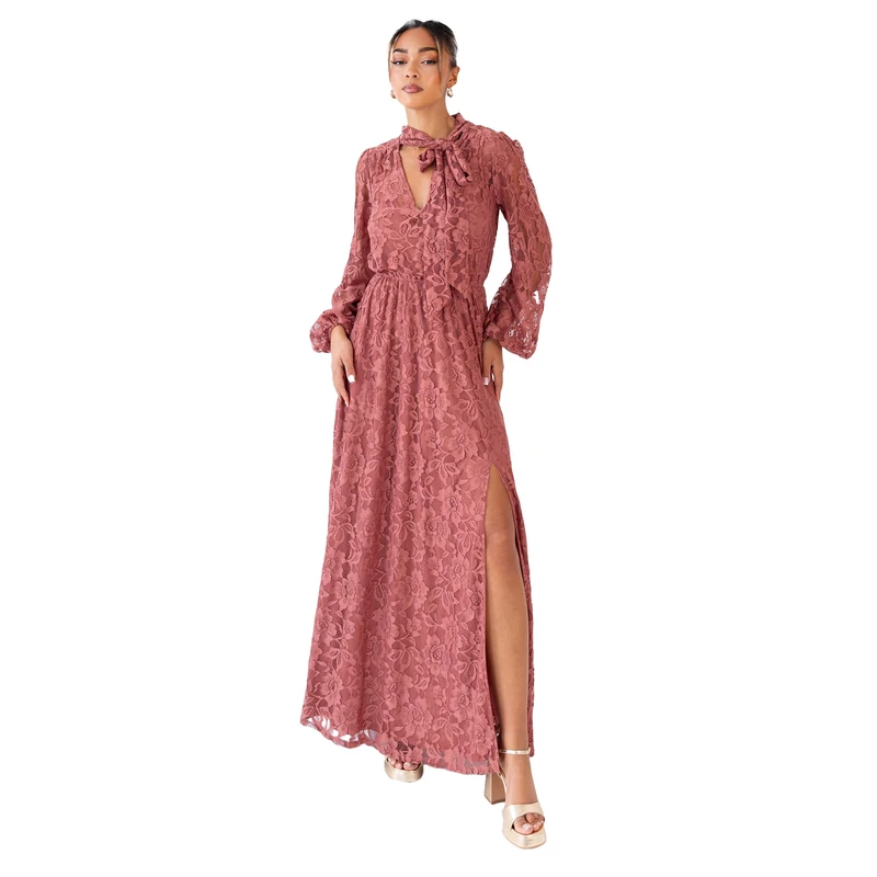 Women’s Rose Lace Maxi Dress Tie Neck Long Sleeve Side Split Evening Gown for Wedding Guest & Formal Events Size - Image 1