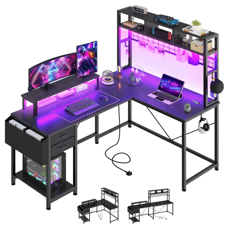YITAHOME L Shaped Gaming Desk with Drawers, Reversible Home Office Corner Computer Desk Storages & Shelves, 150x100 cm Gaming Table with LED Lights & Power Outlets, Black
