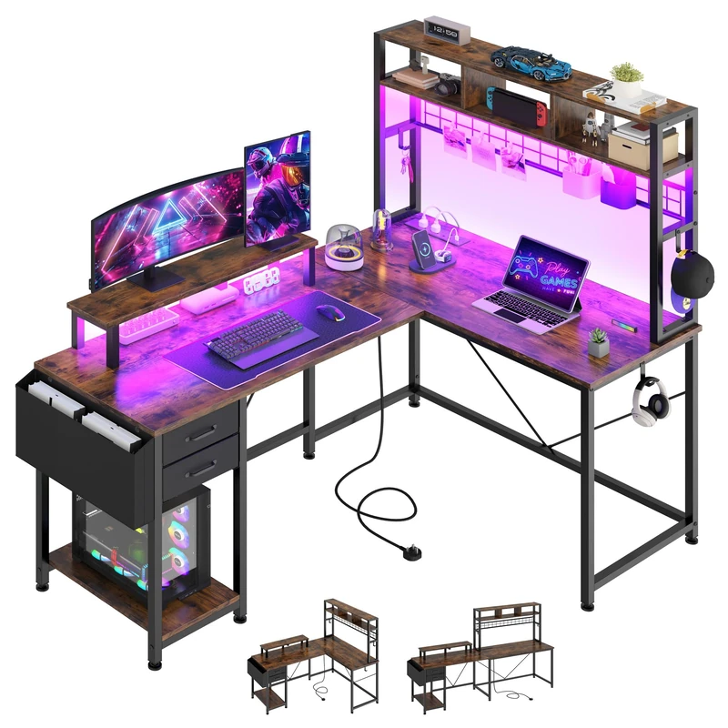 YITAHOME L Shaped Gaming Desk with Drawers, Reversible Home Office Corner Computer Desk Storages & Shelves, 150x100 cm Gaming Table with LED Lights & Power Outlets, Vintage