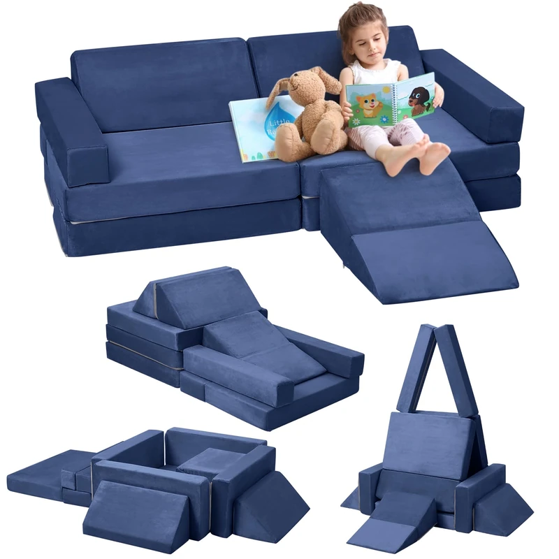 GarveeLife 12 x Children's Sofa with Foam Blocks, Thicker, More Resistant, with Invisible Zip, Multi-Styles Foldable Modular Sofa, Blue - Image 1