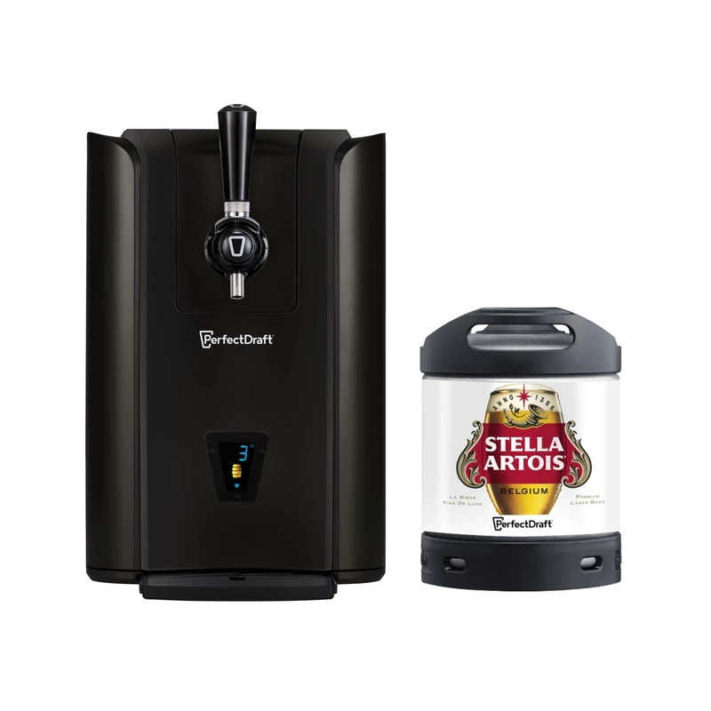 PerfectDraft Pro Black Home Beer Cooler and Dispenser System and Stella Artois Keg