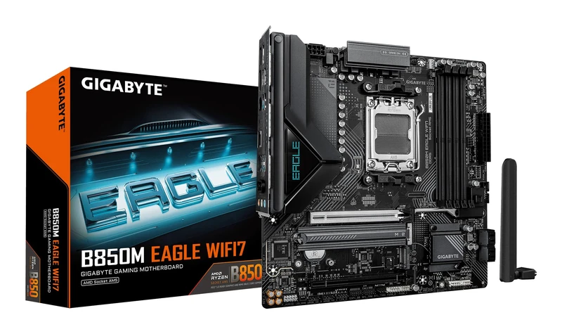 GIGABYTE B850M EAGLE WIFI7 Motherboard - AMD Ryzen 9000 Series CPUs, 8+2+2 Phases Digital VRM, up to 8200MHz DDR5 (O.C.), 1xPCIe 5.0 + 1xPCIe 4.0 M.2, WIFI 7, 2.5 GbE LAN, USB 3.2 Gen 2