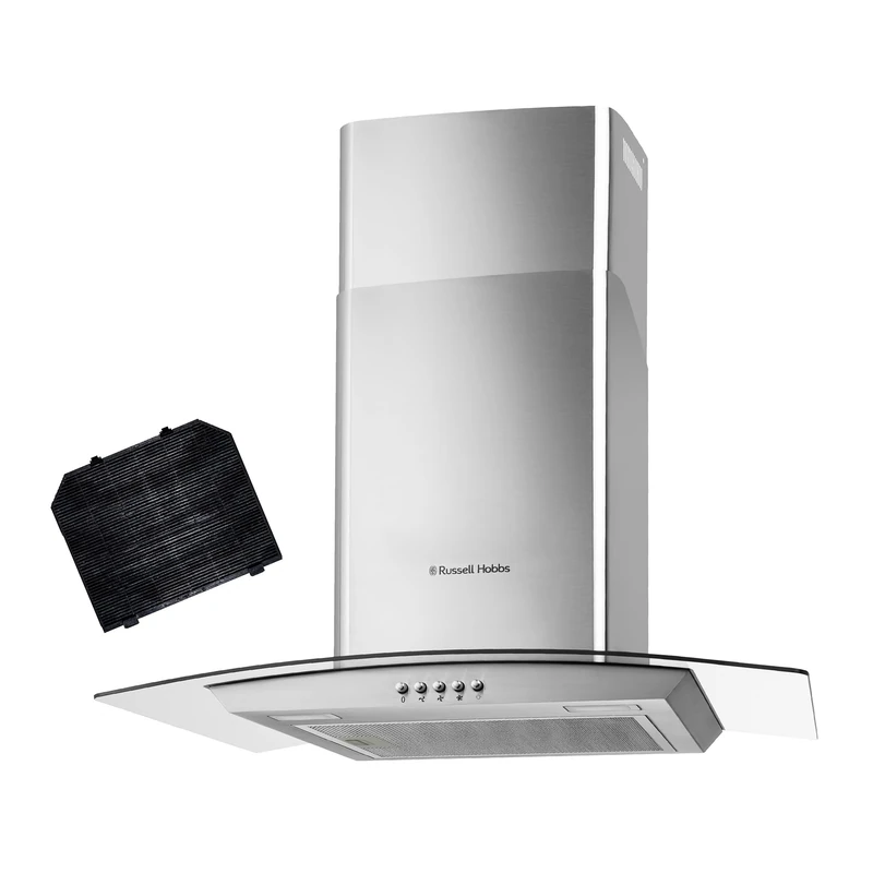 Russell Hobbs 60cm Curved Glass Cooker Hood in Stainless Steel with 3 Speed Settings, 2x Carbon Filters, Extraction or Recirculation, 540m³/h Extraction Rate, A+ Energy Rating, RH60GCH92A1SS
