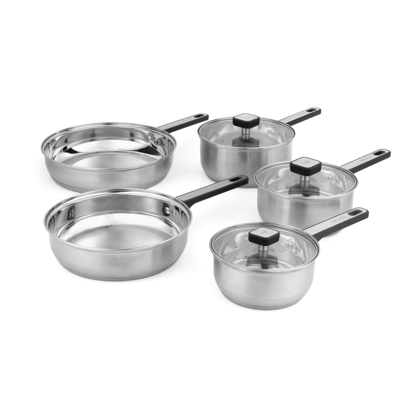 Salter Expert 5-Piece Stainless Steel Pan Set - Heat-Resistant Cool Touch Handles, PFAS-Free, Tempered Glass Lids with Steam Vent, Induction Safe, 24/28cm Frying Pans, 16/18/20cm Saucepans with Lids