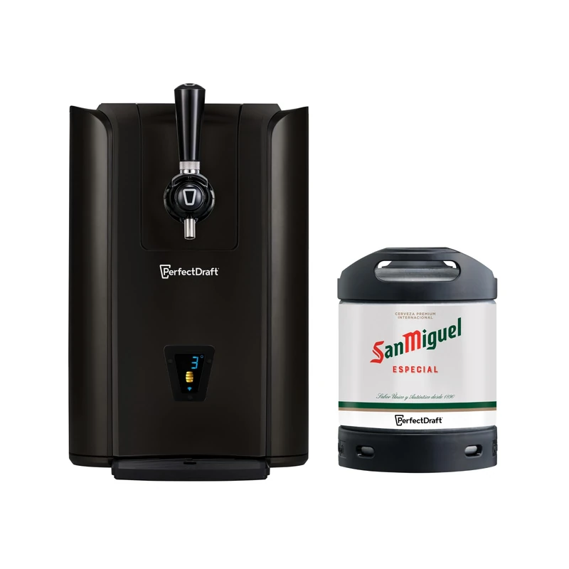 PerfectDraft Pro Black Home Beer Cooler and Dispenser System and San Miguel Keg